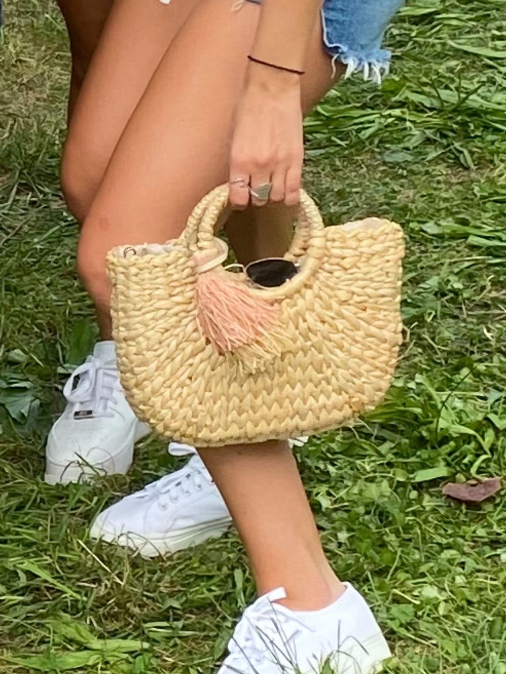 Straw Woven Circle-Handle Crossbody Bag - Natural